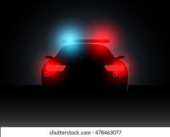 Police car in the dark with the included headlights. Vector illustration.