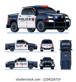 Police car from different angles top side back front views flat set isolated vector illustration