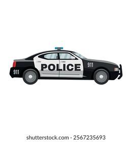 A police car is displayed on a white background, showcasing its black and white design, emergency lights, and markings indicating its role in law enforcement during the day.