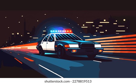 Police car driving in night in city, vector illustration, 2d.