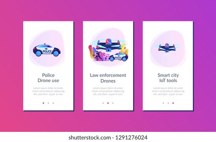 Police car and drone tracking thieve in mask with money and crime scene. Law enforcement drones, police drone use, smart city IoT tools concept. Mobile UI UX GUI template, app interface wireframe