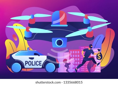 Police car and drone tracking thieve in mask with money and crime scene. Law enforcement drones, police drone use, smart city IoT tools concept. Bright vibrant violet vector isolated illustration