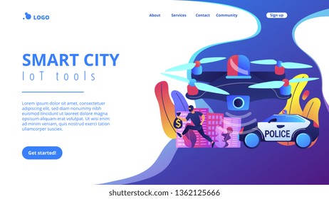 Police car and drone tracking thieve in mask with money and crime scene. Law enforcement drones, police drone use, smart city IoT tools concept. Website vibrant violet landing web page template.