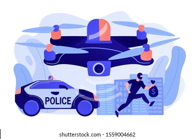 camión policial y drones rastreando ladrones en máscaras con dinero y escena del crimen. Aviones teledirigidos, uso de drones por parte de la policía, el concepto de herramientas inteligentes de IoT de la ciudad. Ilustración aislada del catéter de coral