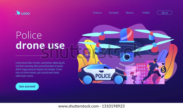 Police car and drone tracking thieve in mask
with money and crime scene. Law enforcement drones, police drone
use, smart city IoT tools concept. Website vibrant violet landing
web page template.