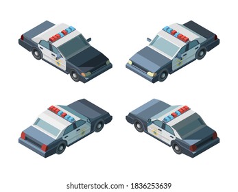 Police car. Emergency isometric vehicles different views police chase vector