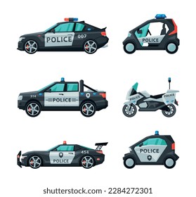 Police Car and Enforcement Vehicle with Siren Side View Vector Set