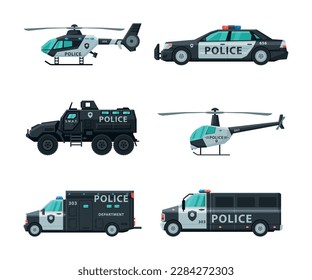 Police Car and Enforcement Vehicle with Siren Side View Vector Set