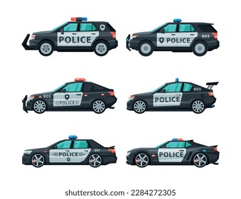 Police Car and Enforcement Vehicle with Siren Side View Vector Set