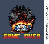 police car explosion and game over message retro pixel art style illustration