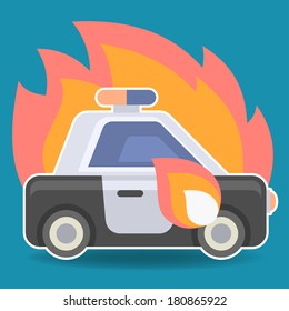 Police Car In Flame. Flat Icon.