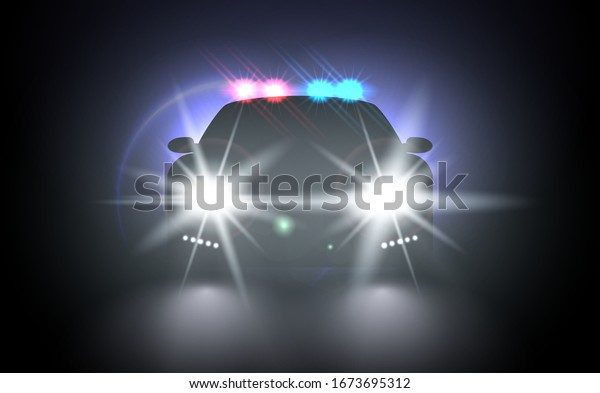 Police car with flashing light realistic\
composition night urban scenery stylish automobile silhouette with\
headlights. Flash red and blue light police car. Bright special red\
blue police light\
beams.