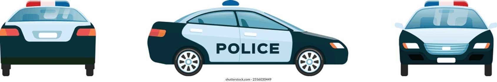 Police car with flashing lights on the roof is patrolling the city streets, ensuring public safety and responding to emergencies, seen from front, side and rear