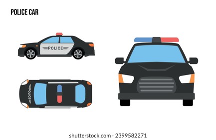 Police Car Flach Design Illustration, Öffentliche Fahrzeuge, Draufsicht, Seitenansicht, Draufsicht, Draufsicht einzeln auf weißem Hintergrund