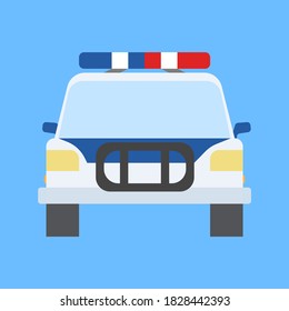 Police car in flat style. Front view, isolated on blue background. Vector illustration.