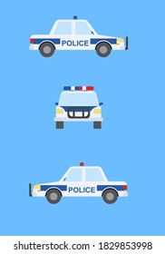 Auto de la policía de estilo plano. Vistas frontales y laterales, aisladas de fondo azul. Ilustración vectorial.