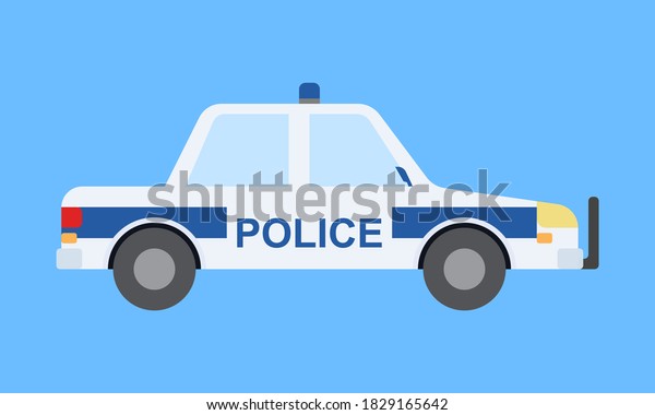 Police car in flat style. Front view,\
isolated on blue background. Vector\
illustration.