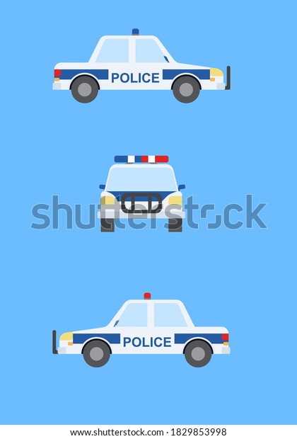 Police car in flat\
style. Front view and side view, isolated on blue background.\
Vector illustration.