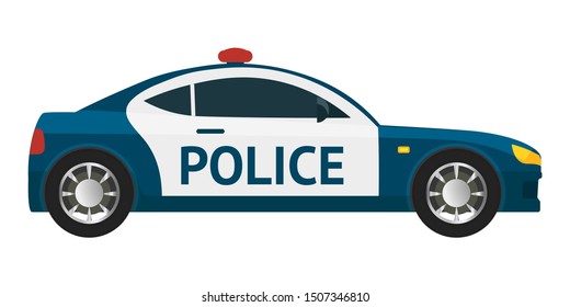 Police car flat vector illustration. 911, emergency service department vehicle isolated clipart on white background. Cop, police officer auto, policeman patrol automobile design element