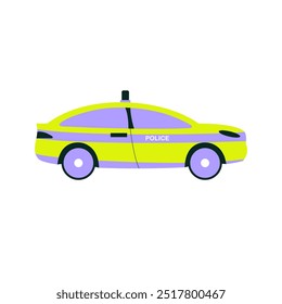 Police car in flat vector illustration, symbolizing law enforcement and emergency services. The car is shown in profile view with the word POLICE visible, isolated on a white background.