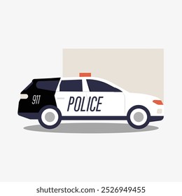 Police car in flat vector illustration symbolizing law enforcement, security, and emergency response, isolated on white background.