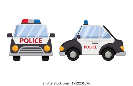 Police car front and side view. Flat cartoon style transportation isolated on white svg