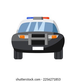 Police car front view cartoon vector illustration. Black transport vehicle, police car on white background. Means of transport, travel transportation concept
