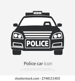 Police car front view icon. Simple black police vehicle symbol in flat minimal vector style, isolated on white background.