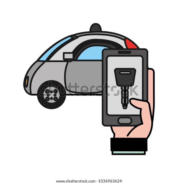 police car and
hand with smartphone digital
key