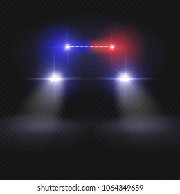 Police car headlight beams isolated on dark transparent background. Automobile at night road vector concept. Police car light, auto headlight in night illustration