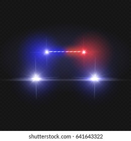 Police car headlights and blinking red siren lights isolated on transparent background svg