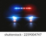 Police car headlights. Emergency flashing light, pursuit light siren and patrol cop vehicle glow vector overlay. Security transport with shining bright headlamps in darkness, enforcement