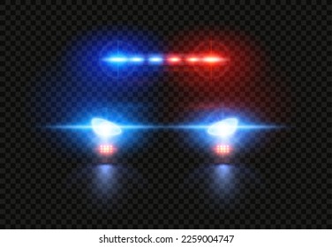 Police car headlights. Emergency flashing light, pursuit light siren and patrol cop vehicle glow vector overlay. Security transport with shining bright headlamps in darkness, enforcement svg
