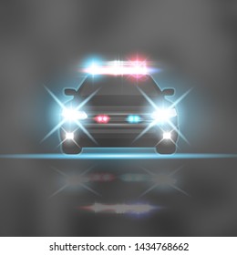 Police car with headlights flares and siren at the night road. Special red and blue light beams. Vector illustration. 