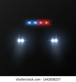 Police car headlights. Patrol police car with flashing light and headlights in dark, justice automobile silhouette with light effect vector mockup