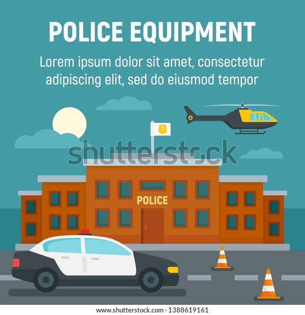 Police car, helicopter,\
office building concept background. Flat illustration of police\
car, helicopter, office building vector concept background for web\
design