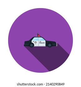 Police Car Icon. Flat Circle Stencil Design With Long Shadow. Vector Illustration.