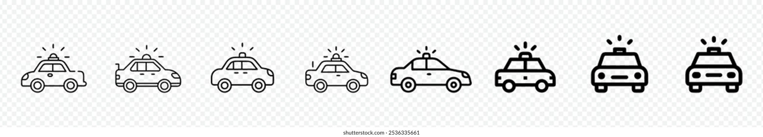 Police car icon icon set, Police car icon, Set of police cars icons. Patrol car, siren light, sheriff car, emergency flashing siren, police.