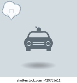 Police Car icon with shadow. Cloud of download with arrow.