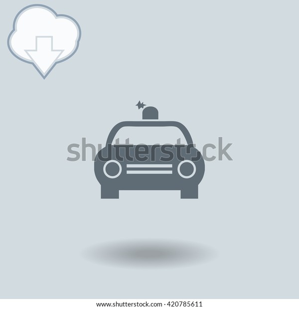 Police Car icon with shadow. Cloud of download
with arrow.