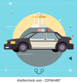 Police Car Icon Symbo Legal Execution of Justice Law With Court in Background Modern Flat Design Template Vector Illustration
