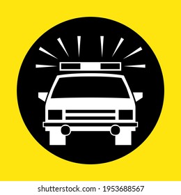 Police car icon with zig zag lights on roof isolated black and yellow background