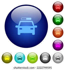 Police car icons on round glass buttons in multiple colors. Arranged layer structure