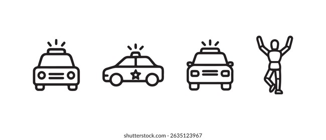 Police car icons and surrendering figure in minimalist line art design.