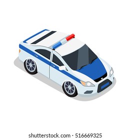 Police car illustration in isometric projection. Emergency car picture for safety concepts, web, applications icons, infographics, logotype design. Isolated on white background.  