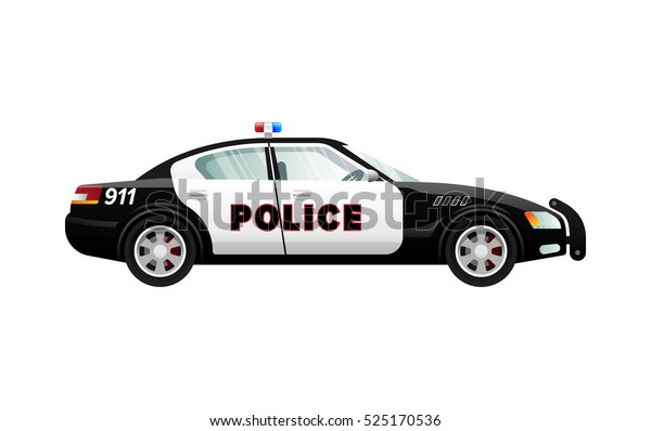 パトカーのイラスト 簡単な漫画風の白黒の自動車 輸送の速度平均 前後のヘッドライト ウィンドウをクリアします 4つのドア 側面図 フラットデザイン ベクター画像 のベクター画像素材 ロイヤリティフリー