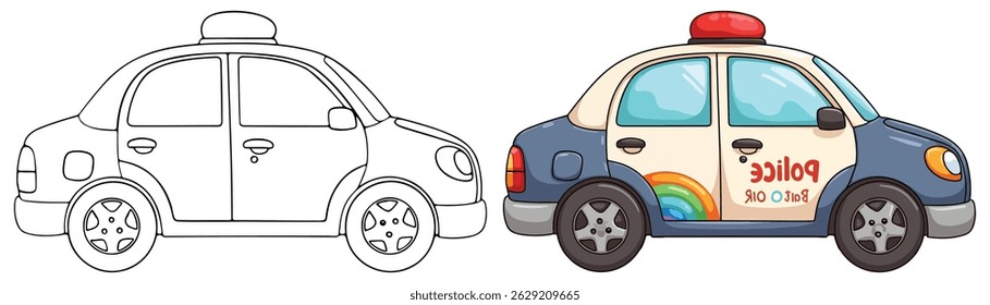 Police Car Isolated Line Art Vector Outline Illustration Black and White with Coloring Sample