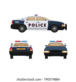 Police car isolated on light background. Patrol car, vehicle with emergency lights system and signal sirens. Front, side and rear view. Vector illustration in flat style.