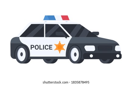 Police car, isolated on the white background. Patrol transport. Cartoon flat design. Vector illustration.