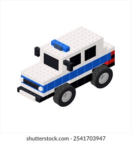 Police car in isometric view assembled from plastic blocks. Vector illustration